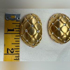 Gold Tone Quilted and Rhinestone Clip On Oval Shape Large Earrings